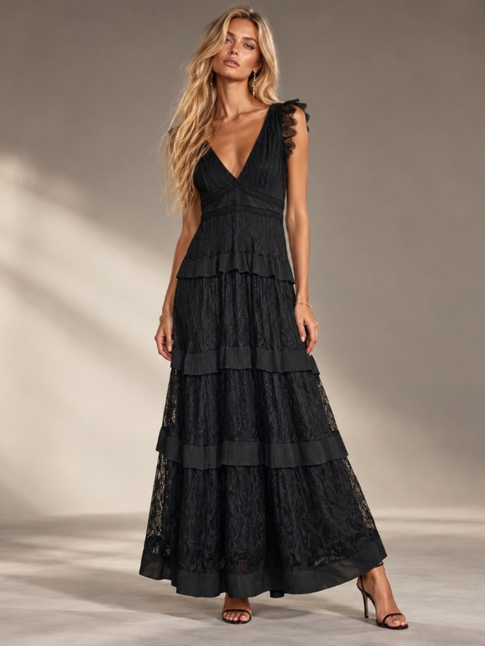 Lulus Marvelous Darling Black Lace Tiered Maxi Dress XXL Ruffle Formal